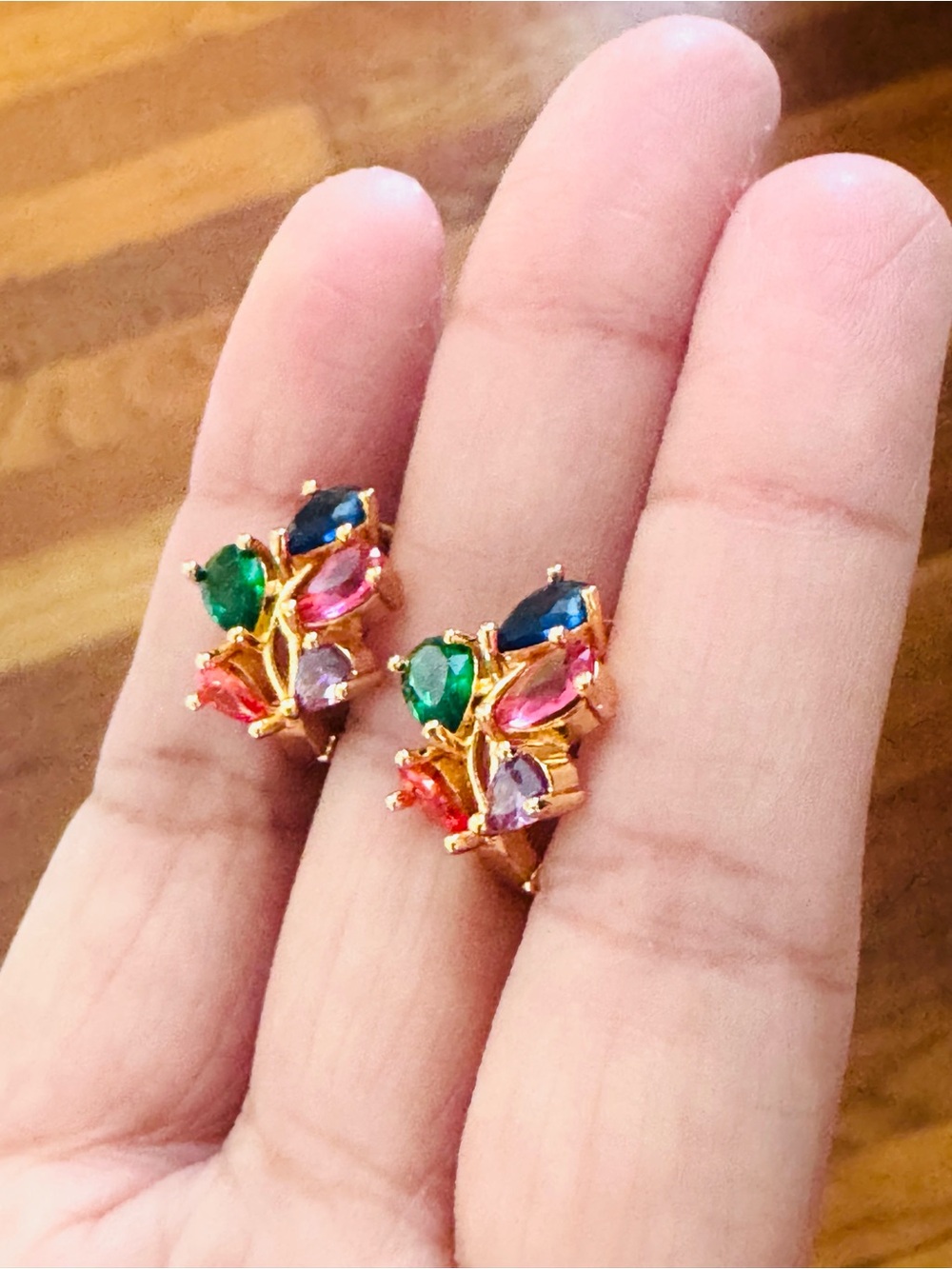 18K Gold Plated Multi-Stone Floral Cluster hoop Earrings - Green Pink Blue. New